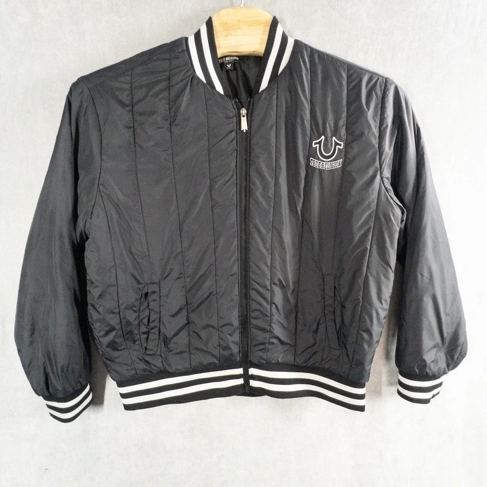 True Religion Black Vertical‎ Quilted Varsity Bomber Jacket Mens L Zip Front